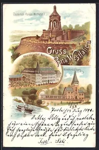 Lithographie Porta Westfalica, Hotel Kaiserhof Nolting, Wittekindsburg, Denkmal Kaiser Wilhelm I.