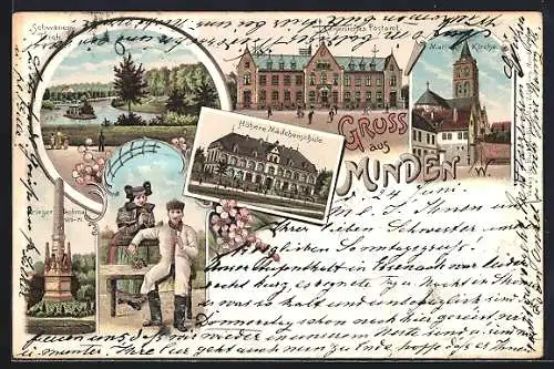 Lithographie Minden / Westf., Kaiserliches Postamt, Höhere Mädchenschule, Schwanen-Teich