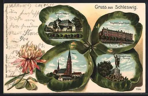 Passepartout-Lithographie Schleswig, Schloss Gottorp, Regierungsgebäude und Dom im Kleeblatt