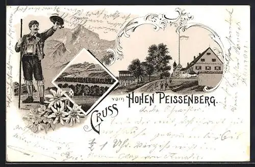 Lithographie Hohen Peissenberg, Gasthof zum bayrischen Rigi, Wanderer vor der Zugspitze