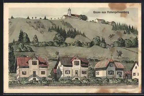 Künstler-AK sign. Hans Pernat: Hohenpeissenberg, Ortsansicht mit Unter- und Oberdorf