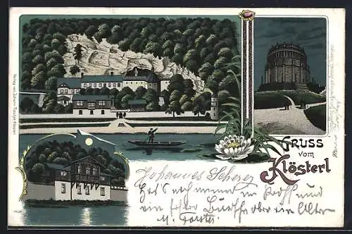 Lithographie Klösterl bei Kelheim, Befreiungshalle, Ortsansicht am Wasser