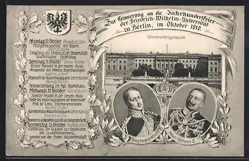 AK Berlin, Jahrhundertfeier der Friedrich-Wilhelms-Universität 1910, Gebäude, Programm, Portraits von Kaiser und König