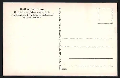 Klapp-AK Friesenheim / Baden, Gasthaus zur Krone v. K. Hissin, Hauptstrasse, Gesamtansicht