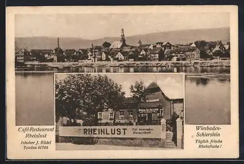 AK Wiesbaden-Schierstein, Café-Restaurant Rheinlust v. J. Rüdel, Ortsansicht