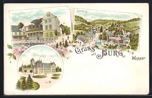 Lithographie Burg a. d. Wupper, Schloss Burg, Blick auf Unterburg