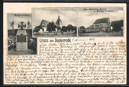 AK Dankerode, Gasthaus zum Deutschen Kaiser v. Wilhelm Bormann, Kirche, Kriegerdenkmal