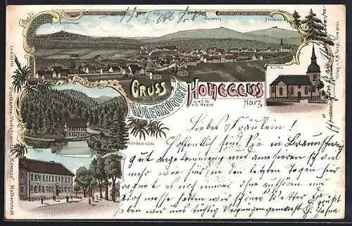 Lithographie Hohegeiss, Kirche, Wolfbachmühle, Post, Totalansicht