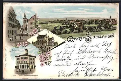 Lithographie Sindelfingen, Rathaus, königl. Post-Amt, Ortsansicht