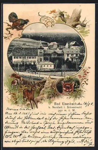 Passepartout-Lithographie Bad Eisenbach /Neustadt, Ortsansicht mit Turmgebäude, Jagdszene mit Hund u. Rehbock, Auerhahn