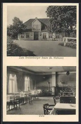 AK Kellinghusen /Holstein, Gasthof Breitenberger Baum A. Niehuus mit Strasse und Diele