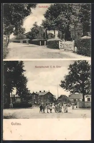 AK Guttau / Grömitz, Gaststätte C. A. Ehler mit Umgebung u. Kindergruppe, Dorfstrasse