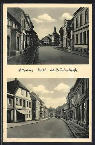 AK Wittenburg i. Meckl., Strasse mit Kirchturm und Geschäften