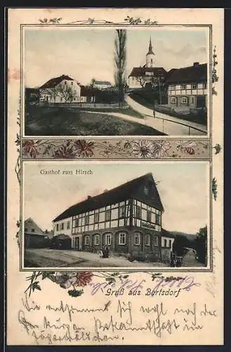 AK Bertsdorf, Gasthof zum Hirsch, Strassenpartie mit Kirche