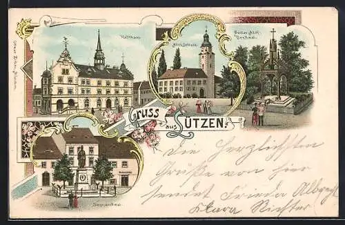 Lithographie Lützen, Rathaus, Altes Schloss, Sieges Denkmal