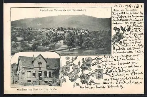 AK Dannenfels, Gasthaus zur Post J. Lander, Ortsansicht mit Donnersberg