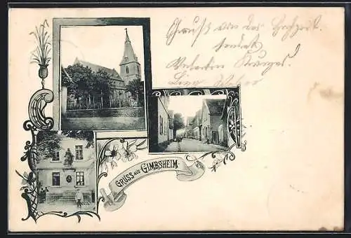 AK Gimbsheim, Kriegerdenkmal, Strassenpartie, Kirche, Ornamente