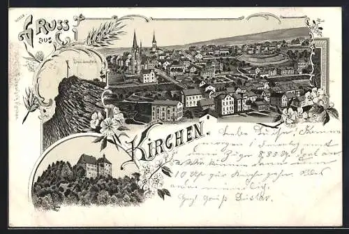 Lithographie Kirchen /Sieg, Dreiländerstein, Burg, Ortsansicht
