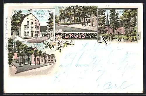 Lithographie Kollmar, Gasthaus zur Post, Schule, Kirche, Gasthaus Magen's