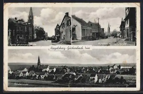 AK Riegelsberg-Güchenbach / Saar, Totalansicht, Evang. Kirche, Kirchstrasse m. Kath. Kirche
