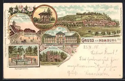 Lithographie Homburg /Pfalz, Friedaruhe, Districts-Krankenhaus, Karlsburg