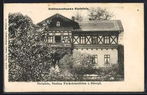 AK Steinfels /Parksteinhütten, Gasthaus Schlossschenke Steinfels mit Garten, Versammlung