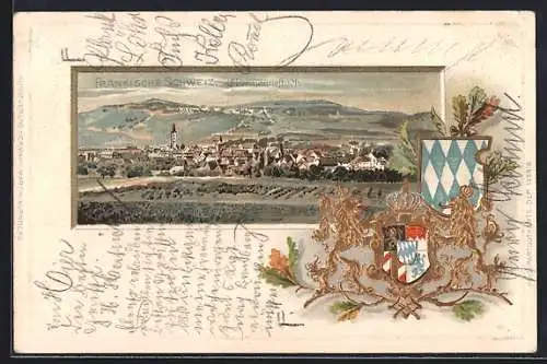 Passepartout-Lithographie Ebermannstadt, Totalansicht, Wappen