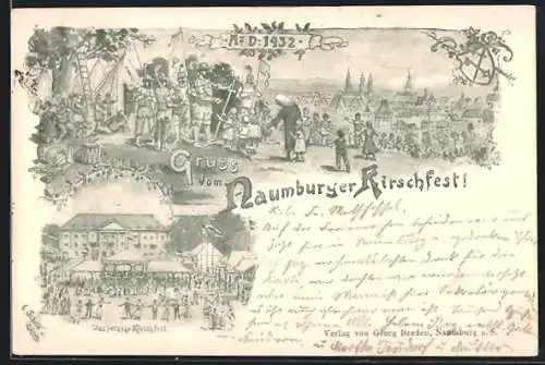 Künstler-AK Naumburg /Saale, Kirschfest, Gelände mit Zelten, Soldaten, Kindern u. Ortsansicht 1432, Jetziges Kirschfest