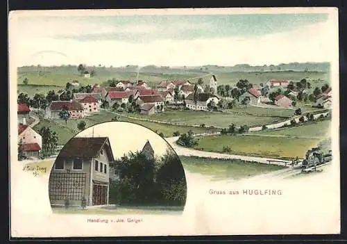 Künstler-AK Eugen Felle: Huglfing, Handlung Jos. Geiger, Gesamtansicht aus der Vogelschau