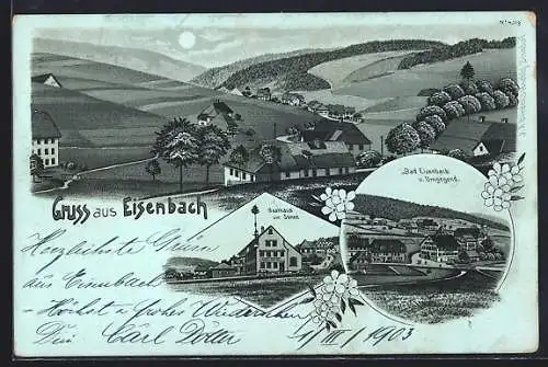Mondschein-Lithographie Eisenbach / Schwarzwald, Gasthaus zur Sonne, Ortsansicht mit Umgebung
