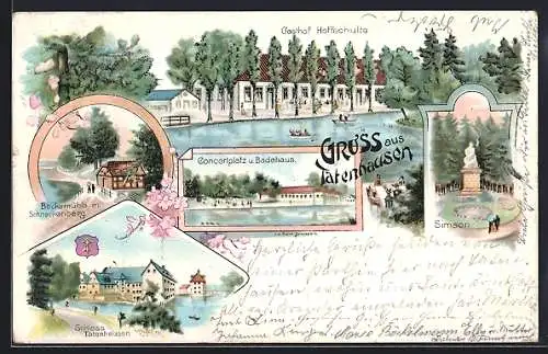 Lithographie Tatenhausen, Concertplatz und Badehaus, Gasthof Hoffschulte, Bockemühle mit Schneckenberg, Schloss, Simson