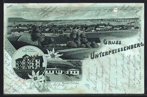Mondschein-Lithographie Unterpeissenberg, Gruben-Einfahrt, Hotel und Pension Bad Sulz