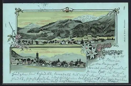 Mondschein-Lithographie Ohlstadt, Ortsansicht mit Bergpanorama im Edelweiss-Passepartout