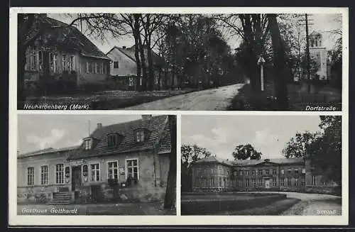 AK Neuhardenberg /Mark, Gasthaus Gotthardt, Schloss und Dorfstrasse