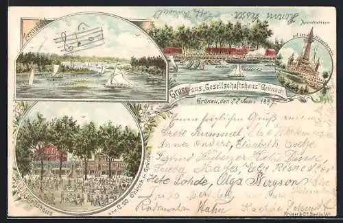 Lithographie Grünau, Gasthof Gesellschaftshaus von C. W. Ohlrich, Aussichtsturm auf den Müggelbergen, Fernsicht