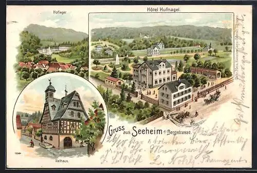 Lithographie Seeheim a. Bergstrasse, Hotel Hufnagel, Hoflager und Rathaus