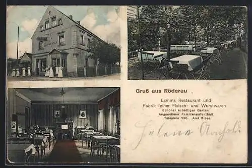 AK Röderau, Lamms Restaurant und Fleischwaren-Fabrik mit Innenansicht und Garten