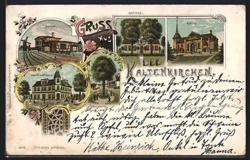 Lithographie Kaltenkirchen, Wulf`s Gasthaus, Apotheke, Bahnhof