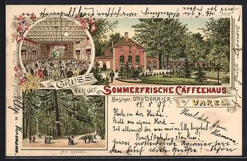 Lithographie Varel / Oldenburg, Gasthof Caffeehaus von Otto Dörrier, Grosser Saal und Rondell