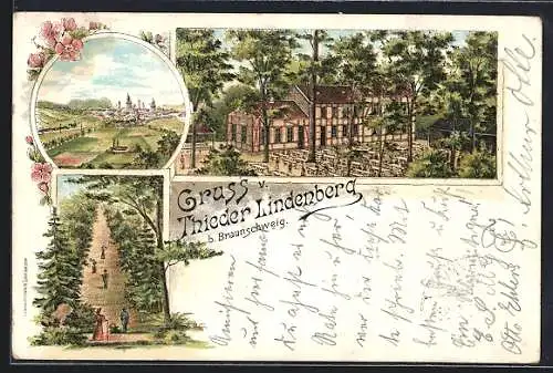 Lithographie Thiede b. Braunschweig, Gasthof Thieder Lindenberg mit Besuchern, Ortsansicht aus der Ferne