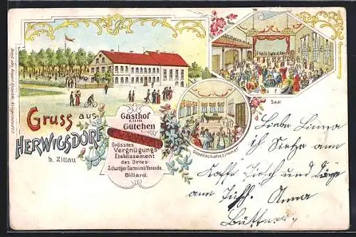 Lithographie Herwigsdorf b. Zittau, Gasthof zum Gütchen, Bes. G. Gunzel, Saal und Gesellschaftszimmer