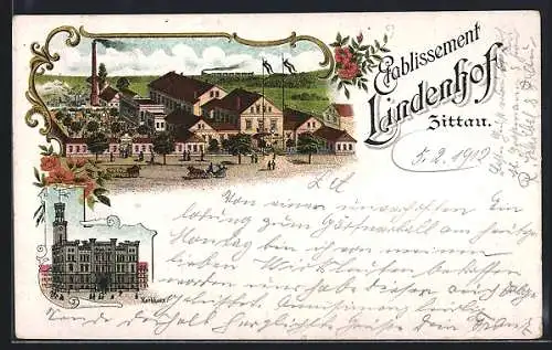 Lithographie Zittau, Gasthaus Lindenhof, Rathaus