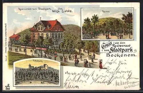 Lithographie Bockenem, Restaurant zum Stadtpark v. W. Linne mit Gartenlokal, Tillsburg, Pferdekutsche