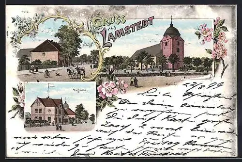 Lithographie Lamstedt, Grosse Strasse, Postamt, Kirche