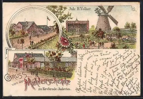 Lithographie Kirchrode-Anderten, Gasthof Mühlenschenke, Inh. H. Volker, Strassenpartie und Windmühle