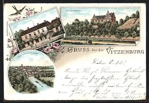 Lithographie Vitzenburg, Blick zum Schloss, Nebra von Vitzenburg gesehen