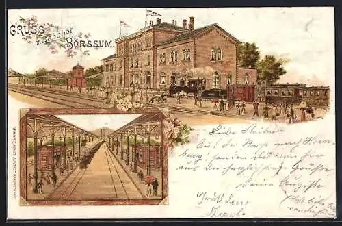 Lithographie Börssum, Bahnhof mit überdachten Bahnsteigen, einfahrende Eisenbahn