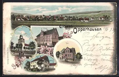 Lithographie Opperhausen, Schule, Post, Pfarre und Molkerei, Kirche