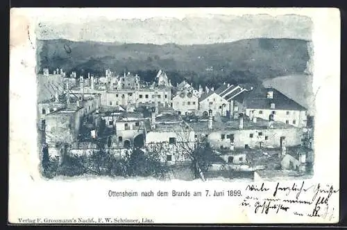 AK Ottensheim, Ortsansicht nach dem Brande am 07. Juni 1899