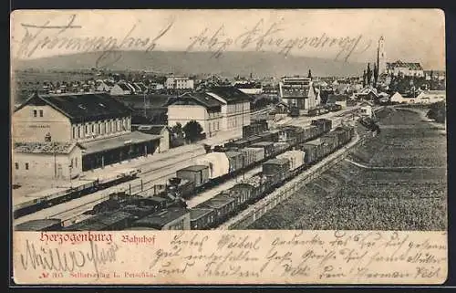 AK Herzogenburg, Bahnhof mit Güterwaggons, Bahnsteig und Ortsblick aus der Vogelschau